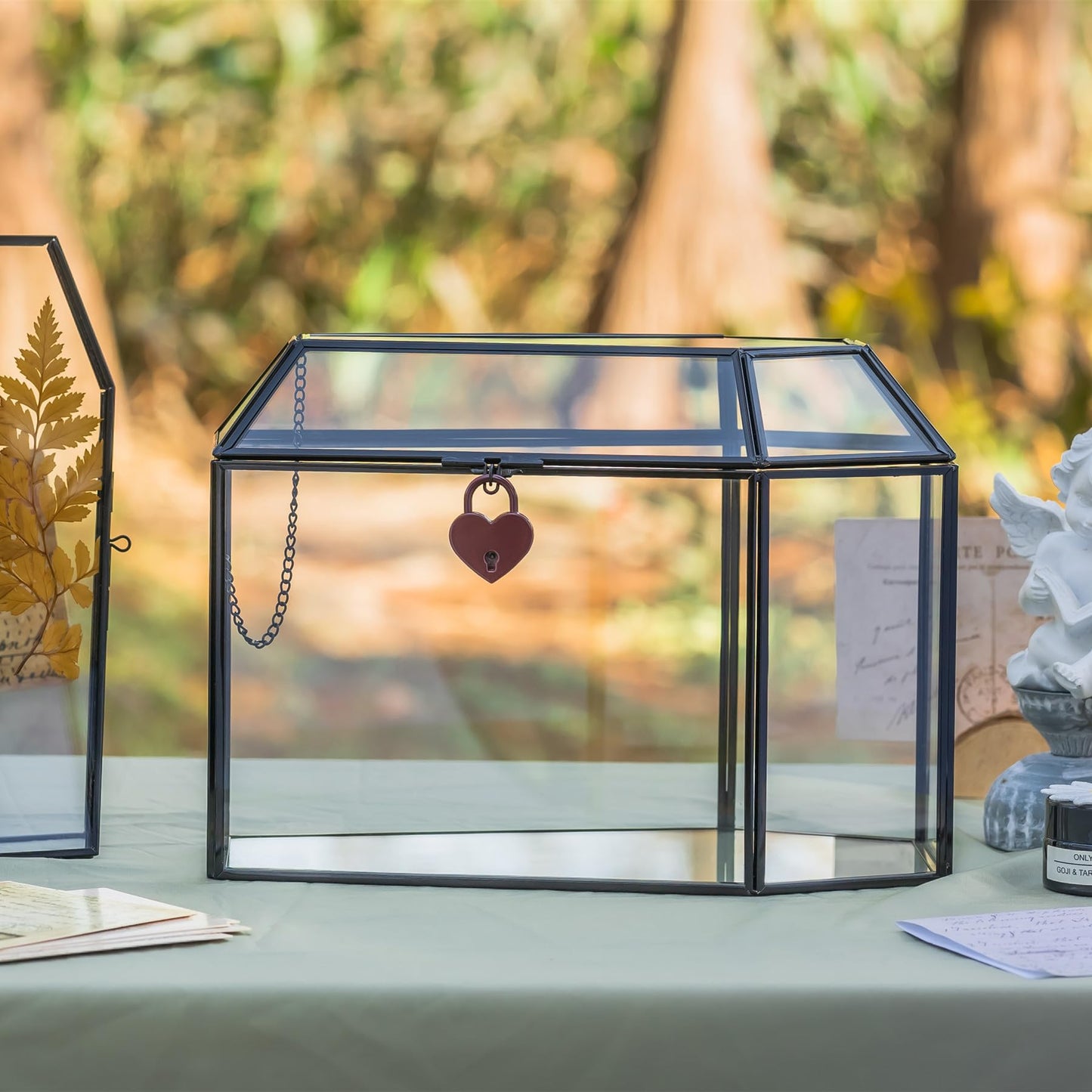 NCYP Gothic Glass Box with Swing Lid and Lock, Geometric Keepsake Card Display Organizer for Wedding Party - Halloween Decoration, Black Coffin-Shaped Terrarium, 10.4" x 5.7" x 7.5" (Glass Box Only)