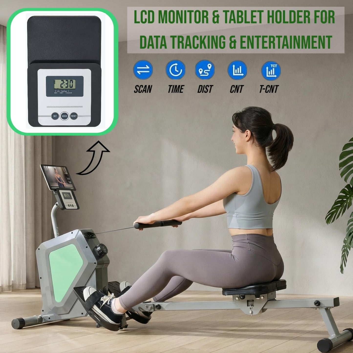 CUDOEEAI Magnetic Rowing Machine, Quiet Foldable Rower with 8-Level Resistance, LCD Monitor & Tablet Holder, Full-Body Low-Impact Cardio Equipment, Optional 2-in-1 Strength Training (Gray SRM2000)