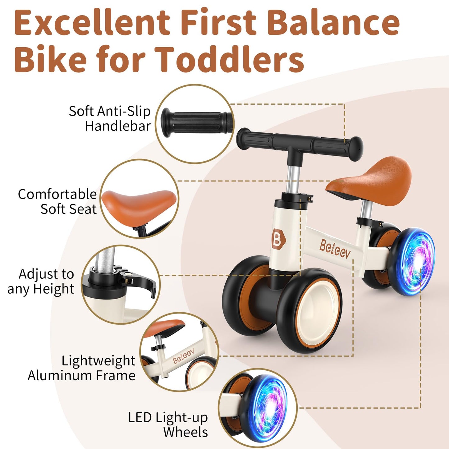 BELEEV Colorful Lighting Baby Balance Bike for 1-3 Year Old Boys Girls, Toddler Bike with Light-Up Wheels, Adjustable Seat & Handlebar, 135° Safe Limited Steer, First Gift for 10-36 Month(Brown)