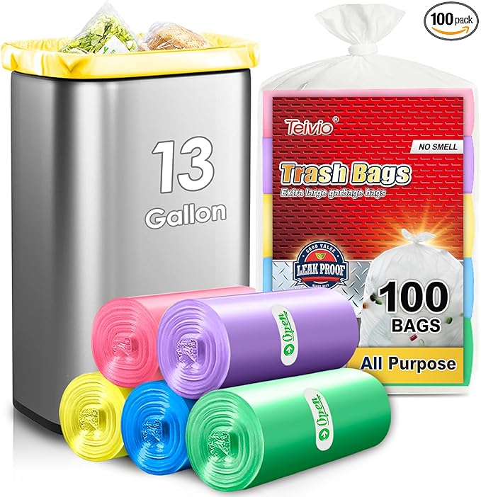 Colorful Clear Strong Tall Kitchen Trash Bags 13 Gallon 100 Counts,Fit 10,13,15,16,18 Gal Garbage Bags by Teivio, Bin Liners, Plastic Bags for home Office Bathroom,Multicolor