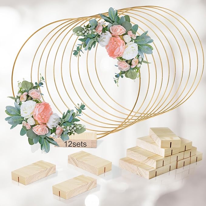 GUDELAK 12Pcs 12 Inch Floral Hoop Centerpiece Table Decorations, Metal Gold Center Pieces Decoration for Table with Wood B...