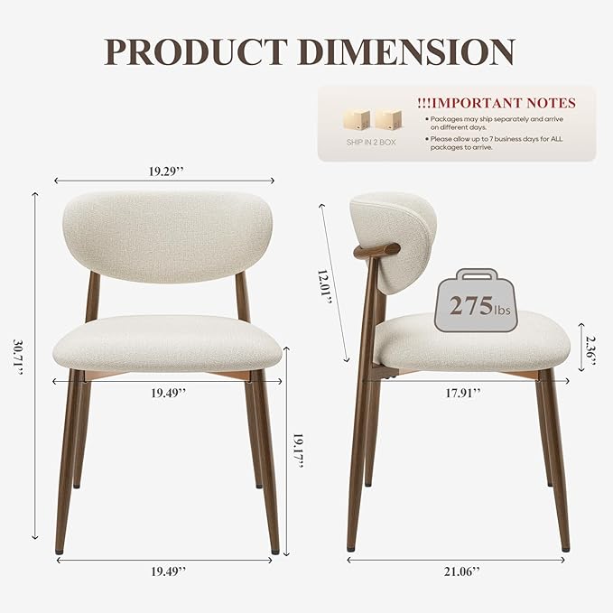 MALOL Dining Chairs Set of 4, Upholstered Dining Room Chairs with Metal Legs and Anti Slip Pads, Curved Back Kitchen Chair for Home and Restaurant Use, Beige