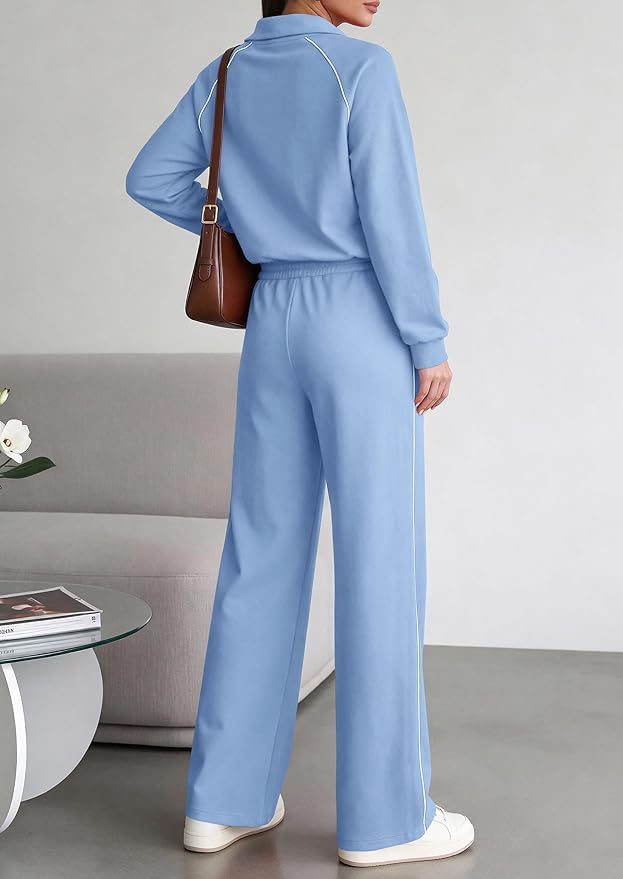 PRETTYGARDEN Women's 2 Piece Outfits Casual Lapel Half Zip Sweatshirts and Wide Leg Pants Tracksuit Sets