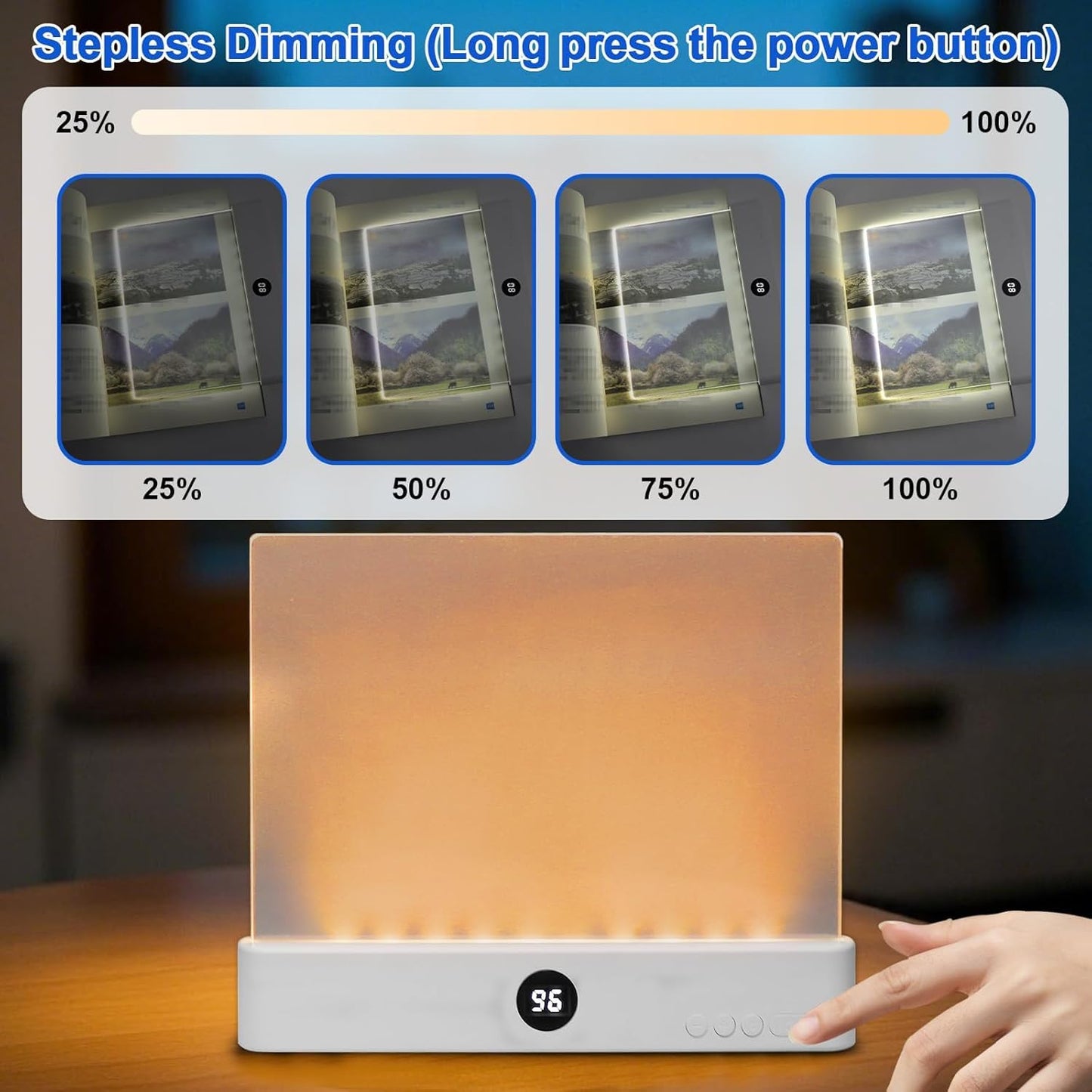 Flat Book Light, Rechargeable Clear LED Smart Reading Light with 3 Colors & Timer, Dimmable Full Page Panel Plate Lamp, Eye Protection, Portable Flat Reading Light for Bedside, Travel, Study (White)