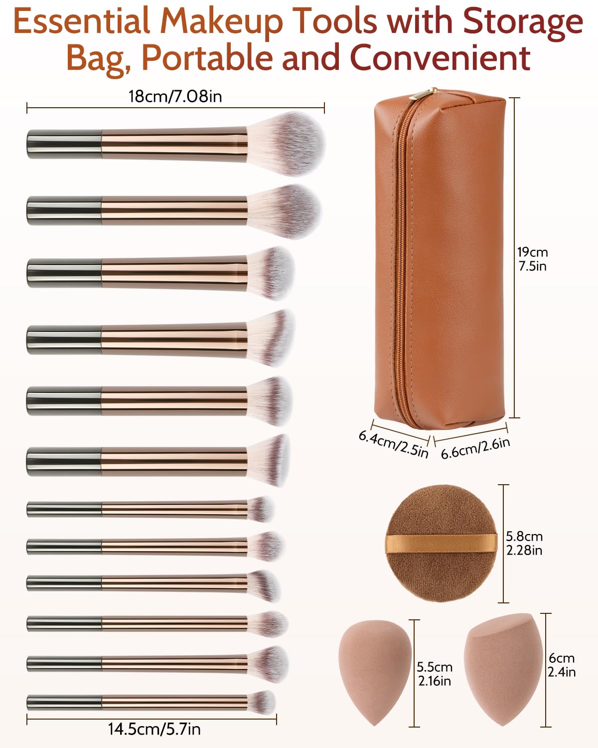 JOKHUE Makeup Brushes Set, 12 Pcs Multi-functional Cosmetic Brushes Tools Kit With 3 Makeup Sponges and Storage Bag, Soft Bristl