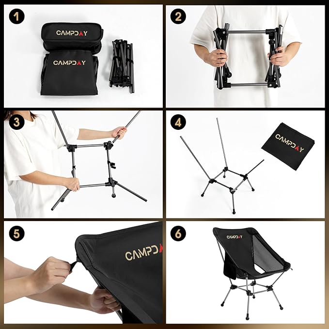 Campday Camping Chair Portable Hiking Ultralight Backpacking Small Lightweight Folding Chair for Outdoor Camp Hunting Beach Picnic Concert, Supports 330lbs (Black,1PCS)