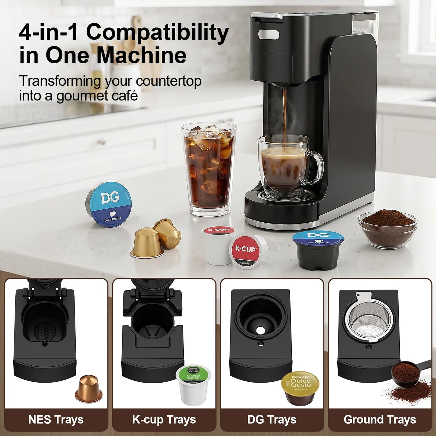 All-in-1 Single Serve Coffee Machine, Hot and Iced Coffee Maker for Ground Coffee, K-Cup Pod, NES Original and DG Pod, 20 Bar Espresso Coffee Maker, Customizable Brew Volume, Heats up in 3 seconds