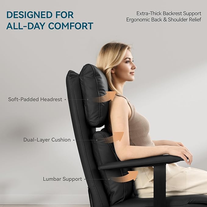 OKUP Reclining Office Chair with Adjustable Headrest and Footrest, 170° Ergonomic Comfortable Office Chair Zero Gravity, Leather Executive Home Office Desk Chair (Black)
