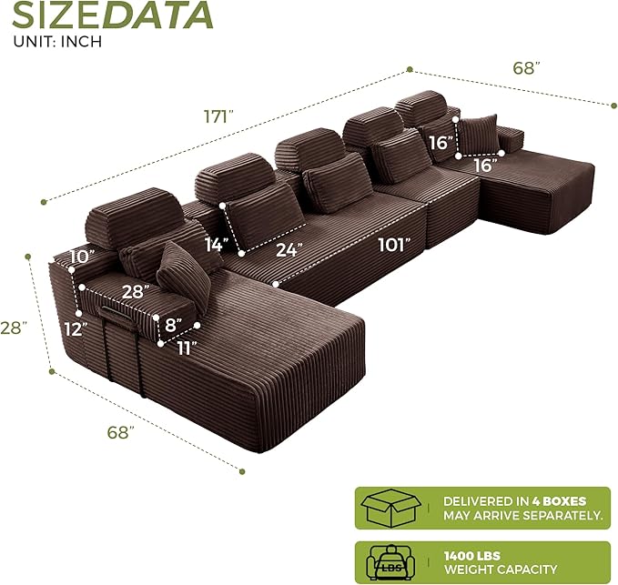 171" U-Shaped Cloud Modular Sectional Sofa with Chaise & Headrest, Boneless Deep Seat Plush Corduroy Couches for Large Living Room, No Assembly Required (Brown, 171" U-shapred Chaise)