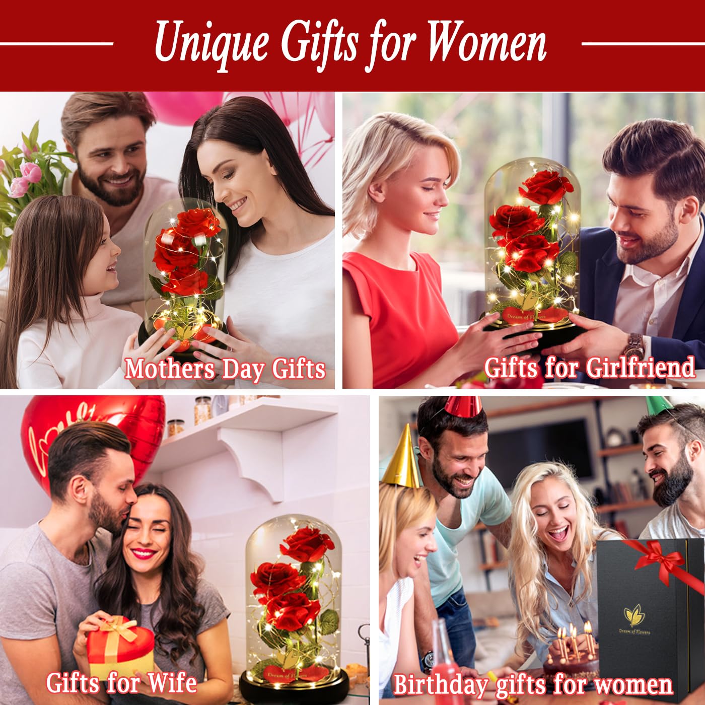 Flower Gifts for Women,Beauty and The Beast Rose in Glass Dome with 2 Lights Mode,Light up Rose Anniversary Romantic Gift for her,Birthday Gifts for Women,Mom,Wife,Girlfriend,Silk Red Rose Gift