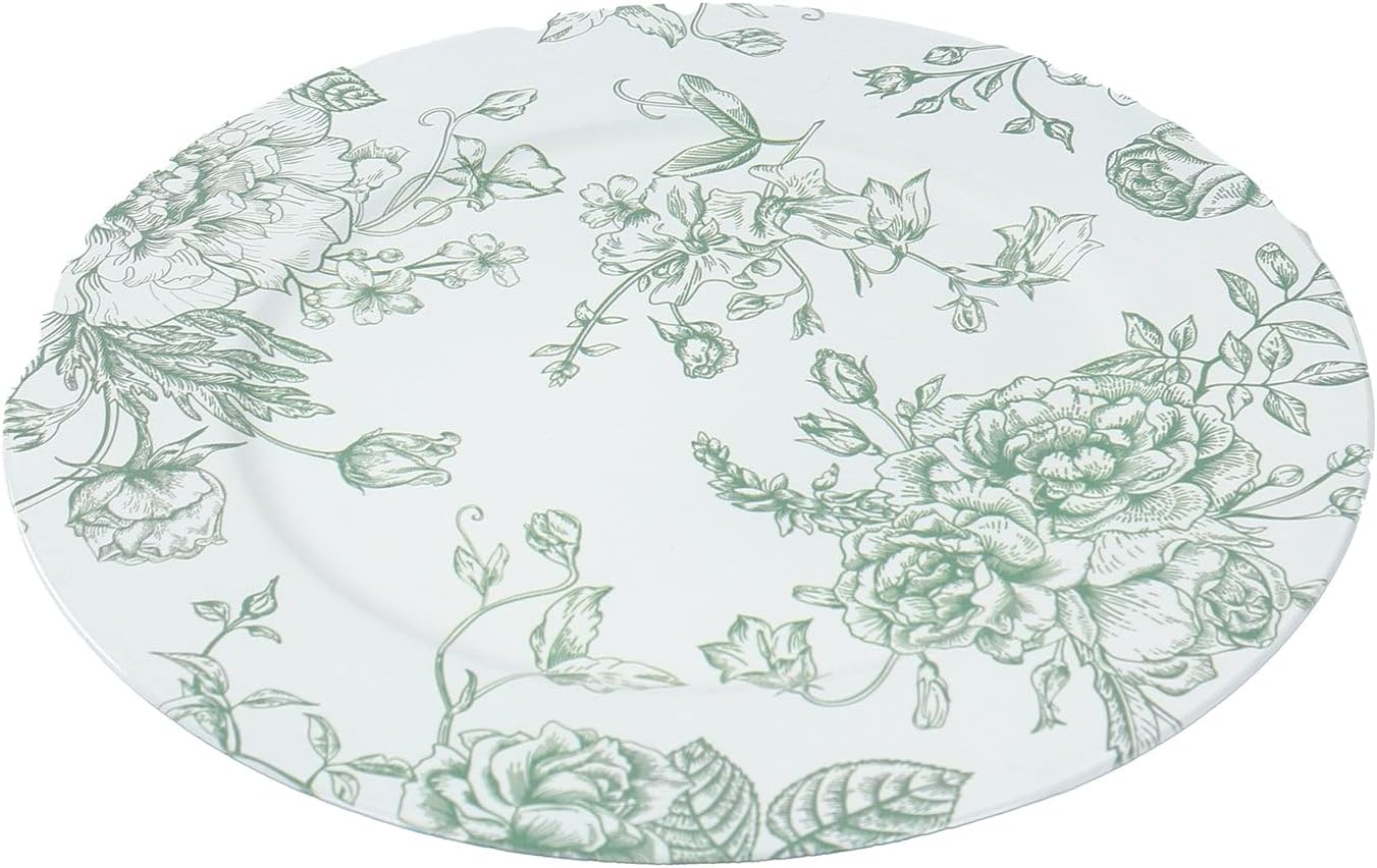 Efavormart 6 Pack Floral Acrylic Charger Plates in French Toile Pattern, White Sage Green Round Dinner Charger Event Tabletop Decor - 13"