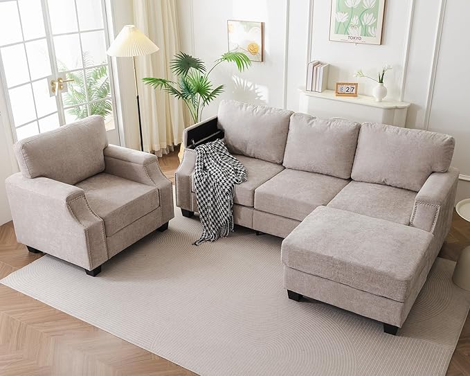 Rukefo 85" Sectional Sofa Couch with Storage Ottoman,L Shaped Couch with Armrest Organizer,3-Seater Sofa,Sofa and Chair Set,Couches for Living Room,Bedroom,Apartment,Chenille,Khaki