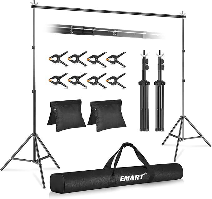 EMART Backdrop Stand 10x7.8ft(WxH) Photo Studio Adjustable Background Stand Support kit with 2 Crossbars, 8 Clamps, 2 Sand...