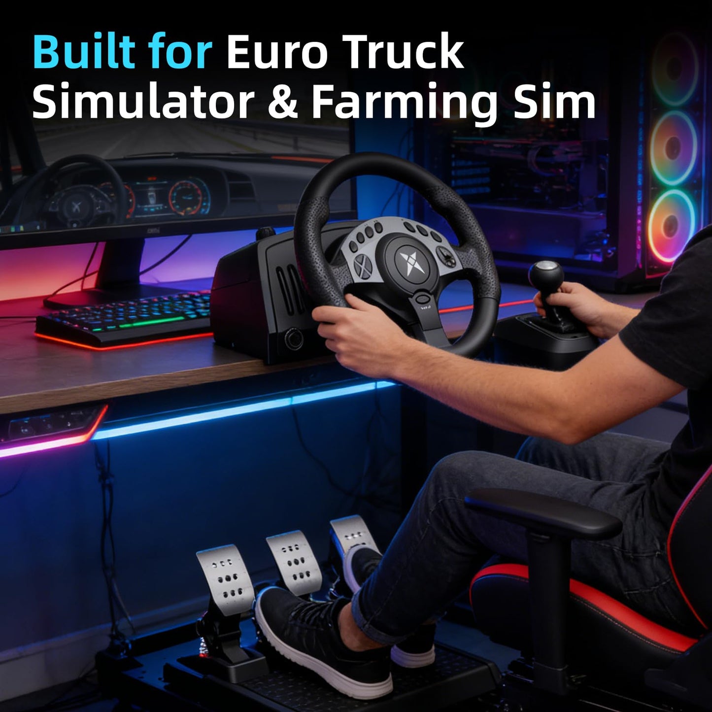 NBCP PC Racing Wheel - 1080 Degree 28CM 11" Steering Wheel with 3-Pedals and H-Shifter - Magnetic Induction & Metal Bearings, Sim Driving Wheel for Euro Truck Simulator 2, Farming Sim, Windows PC