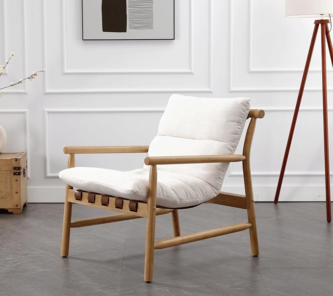 Linen Accent Chair Set of 2 Mid Century Modern Living Room Chairs Comfy Arm Chair with Solid Wood Frame Upholstered Lounge Reading Chair Cozy Recliner for Bedroom/Guest Room, Beige…