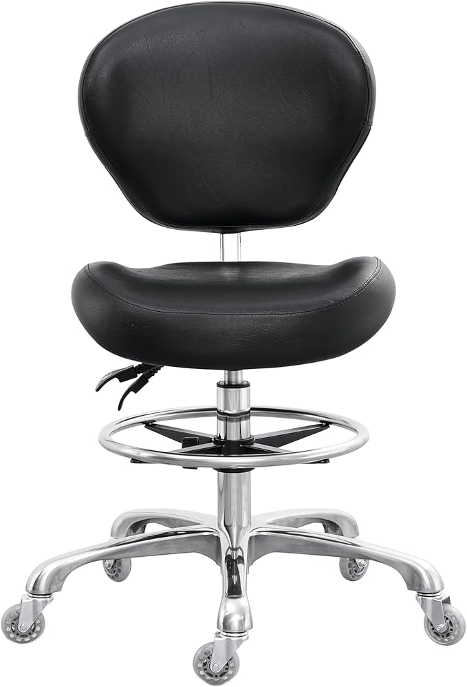 Grace&Grace Drafting Chair Adjustable Tall Shop Stool, Rolling Stool with Back Support for Studio, Classroom, Lab, Counter, Medical (Black)