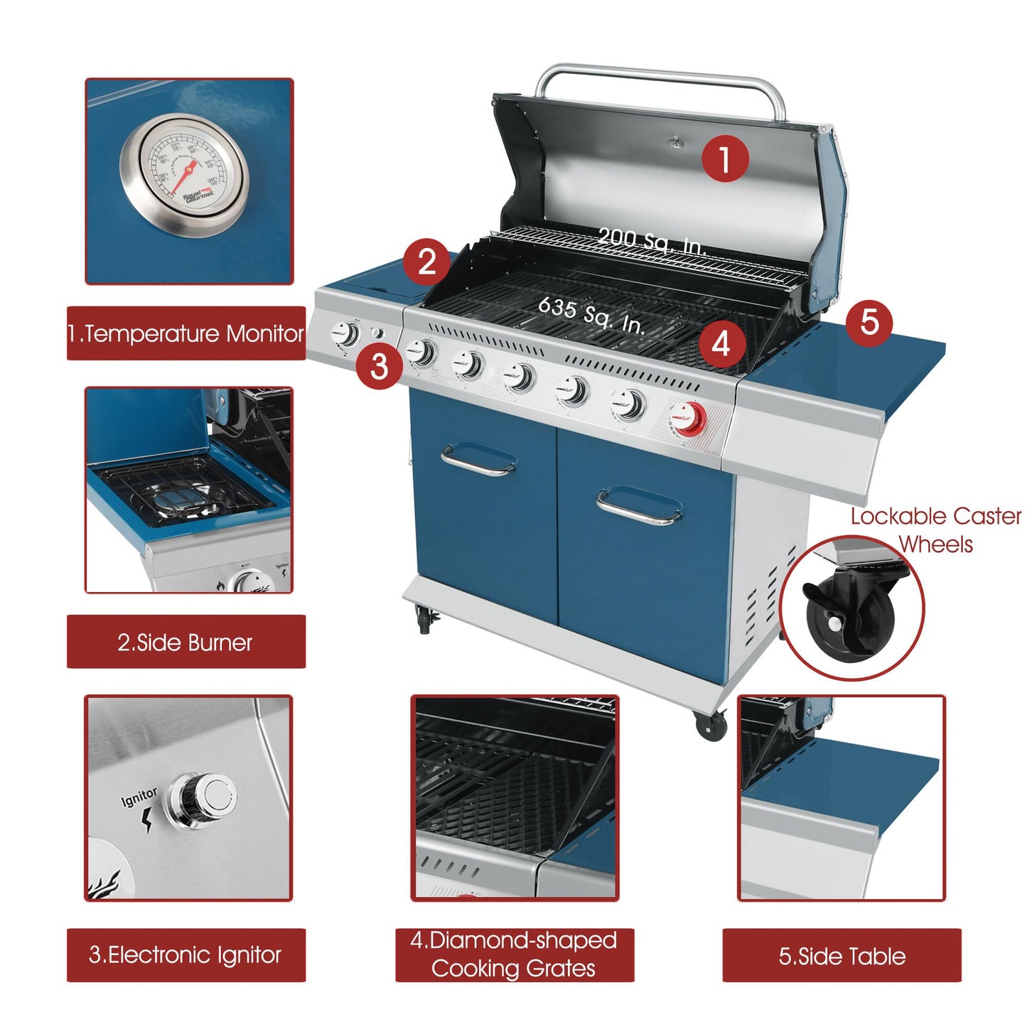 Royal Gourmet GA6402B 6 Burner Propane Gas Grill with Side Burner and Warming Rack, 74,000 BTUs, Cabinet Style Gas BBQ Grill for Barbecue Grilling & Backyard Cooking, Blue