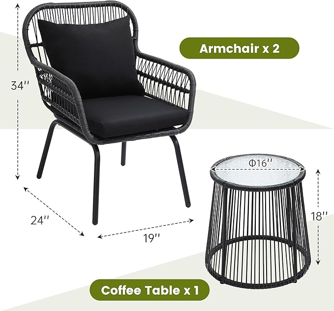 wildformers 3 Pieces Rattan Wicker Bistro Set, Outdoor Conversation Set, Wicker Furniture Set with Glass Top Table, Space Saving for Balcony, Backyard, Black