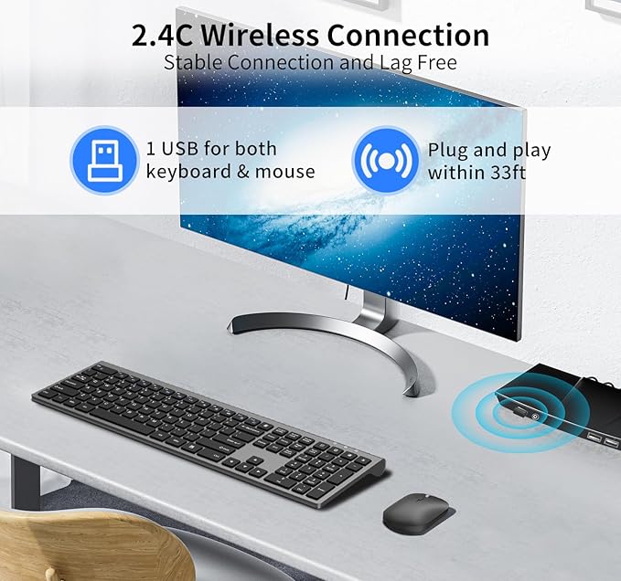 Wireless Keyboard and Mouse Combo, Full Size Computer Keyboard and 2400DPI Silent Optical Mouse with 2.4Ghz Dongle, Invisible Light Design, X Type Scissor Keys, for Computer, Laptop, PC, Mac, Windows