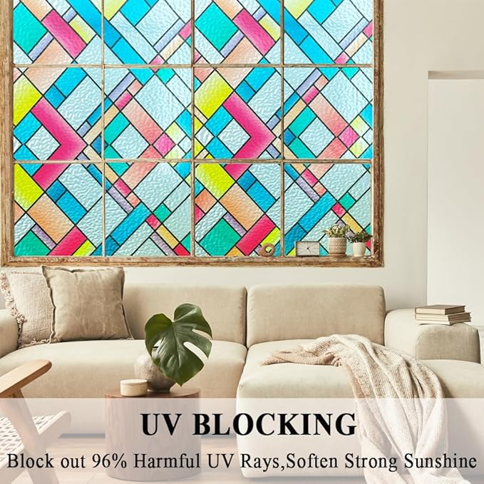 Window Film Privacy Classy Colorful Glazed Tiles Stained Glass Sliding Door Coverings Static Cling Frosted Church Tints Cover Contact Paper Non-Adhesive Heat Control Anti UV Reusble,17.5x78.7in.