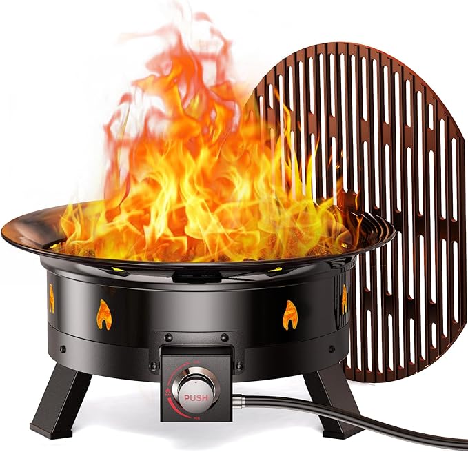Ciays Propane Fire Pit 19 Inch, Gas Portable Large Fire Pit with Grill Grate, Folding Legs, Hose Hooks, Propane Tank Holde...