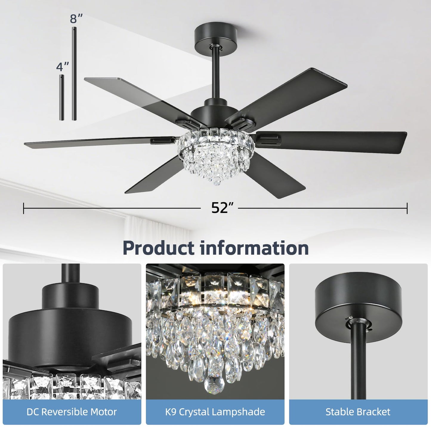 52 Inch Crystal Chandelier Ceiling Fan with Light, 6-Speed Remote Control Black Fandelier with Timer, 6 Reversible Blades Fan Chandelier for Living Room Bedroom, Dimmable LED Light, Quiet DC Motor