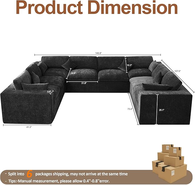 155''Cloud Boneless Sectional Couch, Modular Sectional Sofa Deep Seat, Oversized Upholstered Convertible Comfy 8 Seater Chenille Memory Foam Sofa U Shape Couches for Living Room, Dark