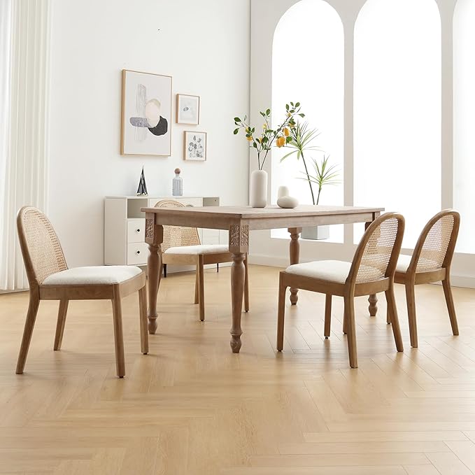DUOMAY Mid-Century Modern Rattan Dining Chairs Set of 6, Wooden Dining Room Chair with Cane Backrest and Padded Seat, Sherpa Upholstered Dining Chair, Natural Finish, White