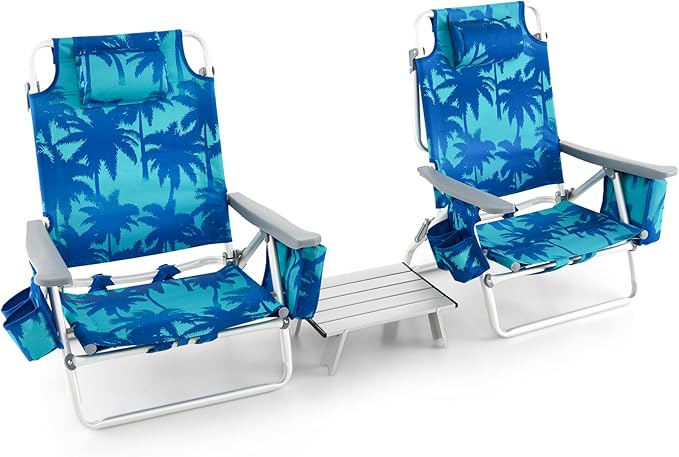 Goplus Beach Chair, Folding Backpack Beach Chairs for Adults with 5 Positions, Head Pillow, Cooler Bag, Towel Bar, Cup Hol...