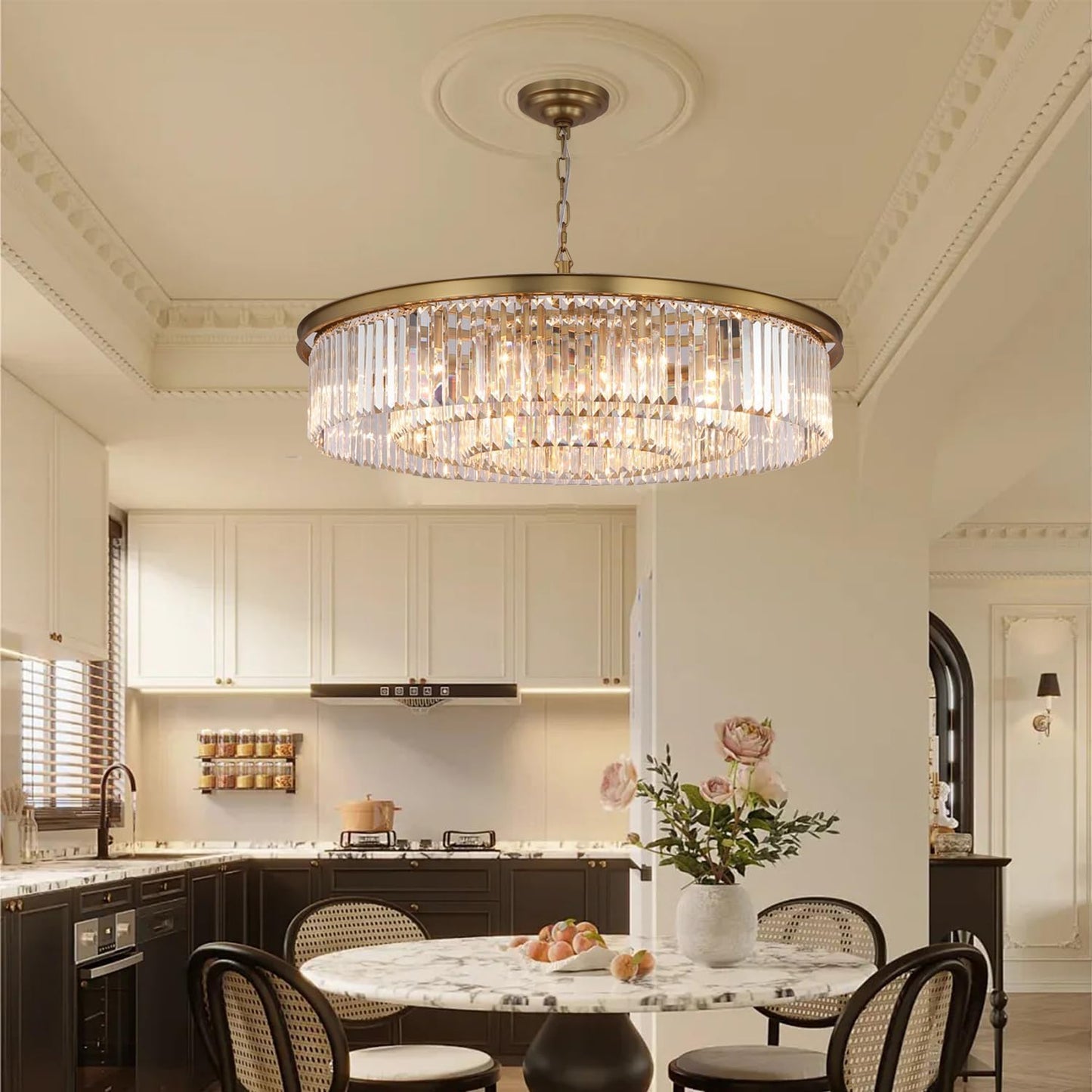 GMlixin Large Crystal Chandelier Modern Luxury Pendant Ceiling Lights Fixture Antique Gold Chandelier for Dining Room Living Room 12-Lights 3-Tier Raindrop Chandeliers Lighting (Gold, Dia 31 Inch)