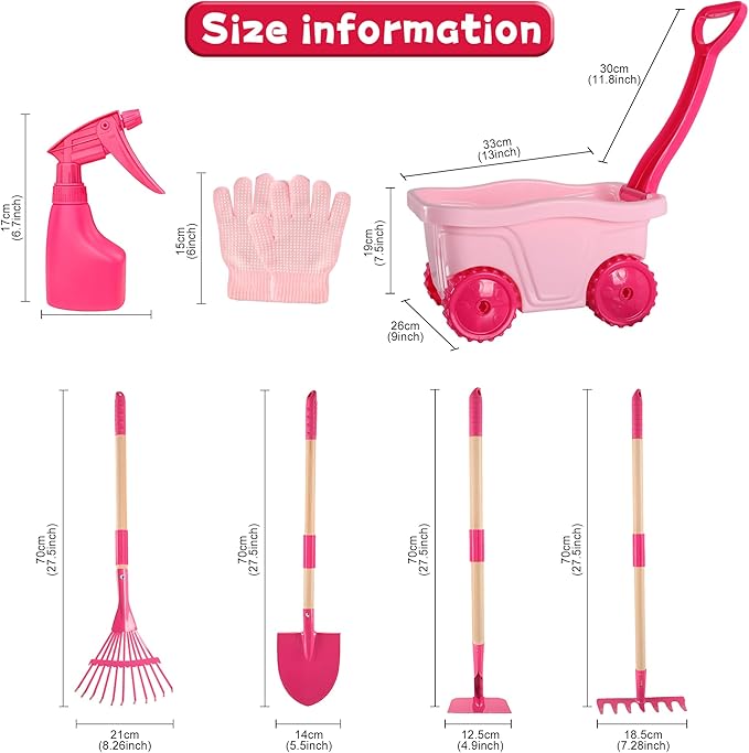 Duckura Kids Gardening Tools Set - 7pcs Wheelbarrow Set for Kids with Shovel, Rake, Leaf Rake, Summer Outdoor Yard Digging Weed Toys, Easter Birthday Gifts for Boys Girls Age 2 3+ Years Old(Pink)