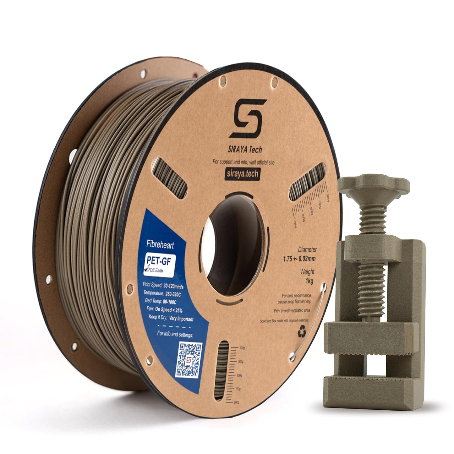Siraya Tech Fibreheart PET-GF FDE Earth 3D Printing Filament, 1kg - 15% Glass Fiber Reinforced, Flat Dark Earth, UV Resistant, L