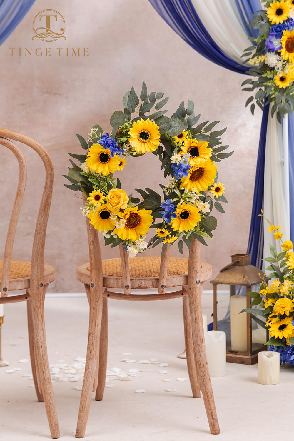 TINGE TIME Aritificial Flowers Candle Rings, 1 Pcs 15inch Diam Sunflower & Royal Blue Fake Rose Wreath Wedding Centerpieces for Tables Summer Garland for Front Door Weddings Party Ceremony Decor