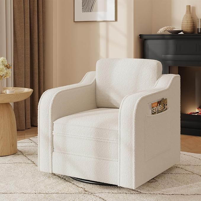 FiveWillowise Swivel Accent Chair for Living Room, 30 Inches Barrel Upholstered Armchair, Cozy Modern Arm Chair Single Sofa for Bedroom, Apartment, Reading Room, White