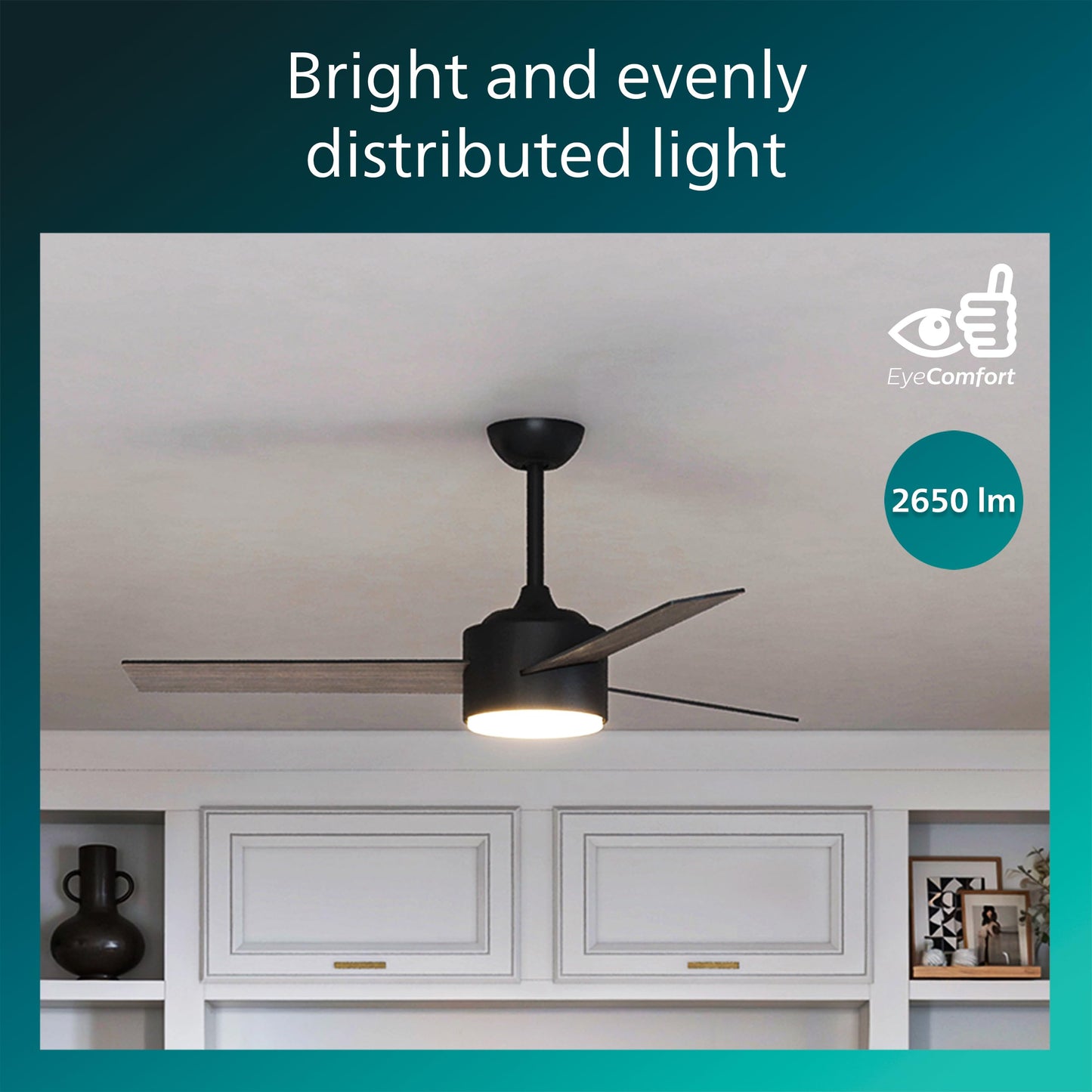 Philips Indoor Ceiling Fan, Dark, with Bright LED Light, 2650 lm, 3 Blades, 4800 CFM, 6 Speeds, 2 Airflow Modes, Selectable White Light, Dimmable, Robust, Reversible Blades