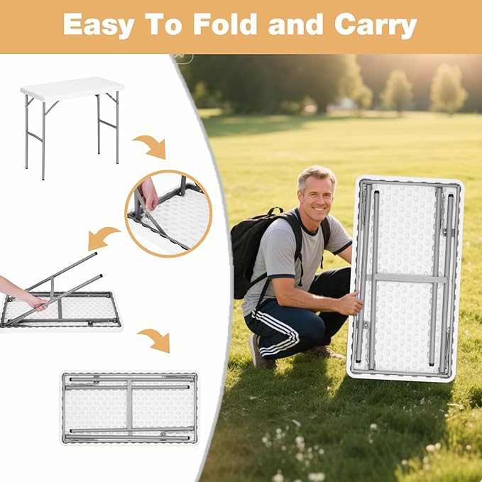 2.7ft Rectangular Folding Table for All-Occasion, Foldable Table with HDPE Tabletop and Steel Legs, Durable and Stable Small Folding Table, Perfect for Camping, Picnic, Party, Indoor & Outdoor