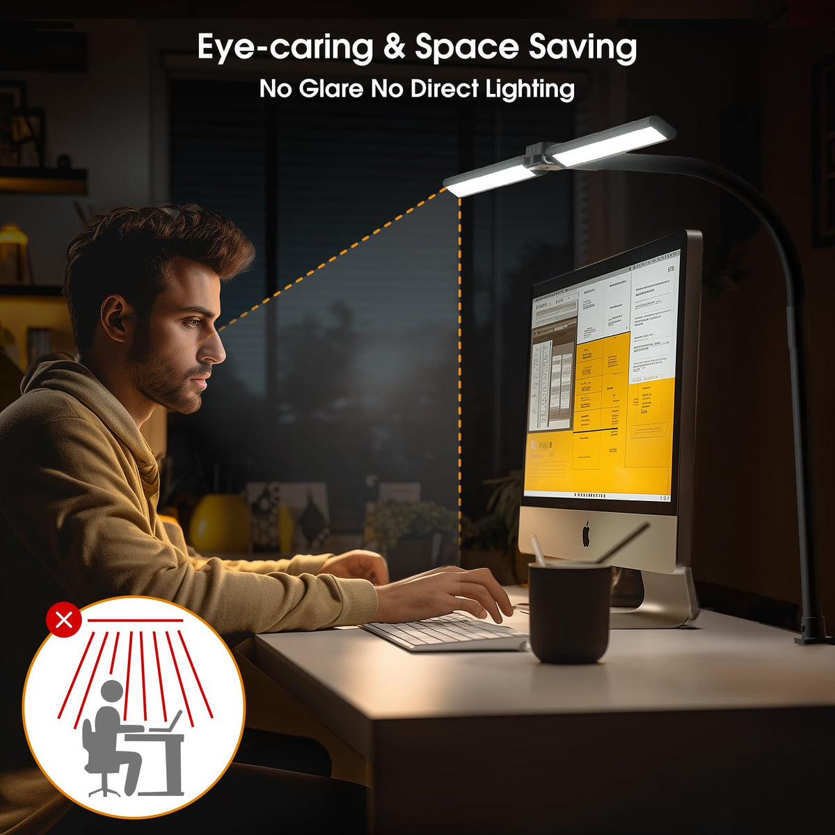SIBRILLE LED Desk Lamp for Home Office - Eye-Caring Computer Desk Light with Clamp, Rotatable Computer Lighting with Color Changing, Dimmable Monitor Table Lamp with Gooseneck, Double Head, Black