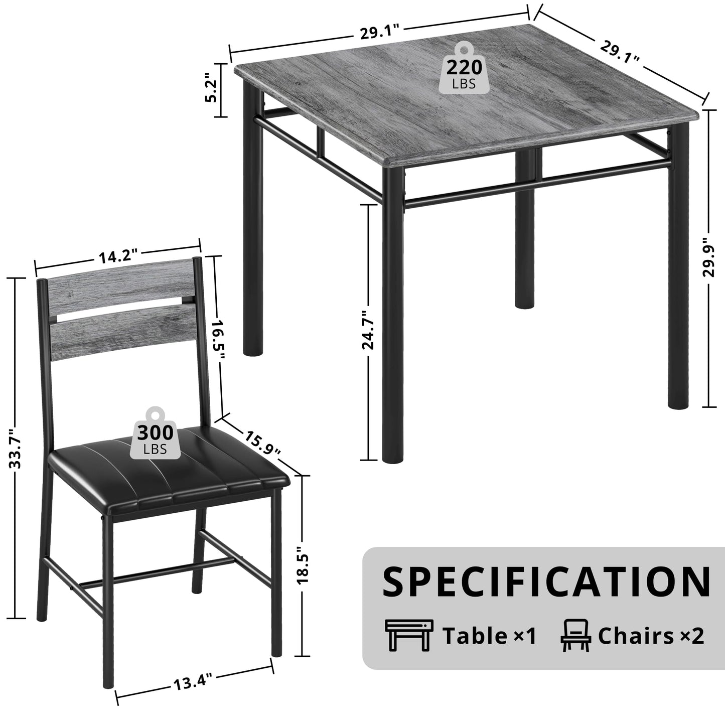 IRONCK Dining Table Set for 2, Small Kitchen Table with Upholstered Chairs for Kitchen & Dining Room, Compact Dining Set for Small Spaces, Gray