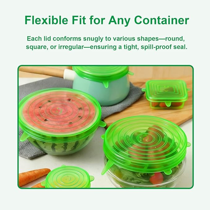 Silicone Stretch Lids – 6 Pack Reusable Food Covers,Flexible Silicone for Bowls, Containers, Fruits – Airtight & Leakproof Seal for Kitchen Storage(green)