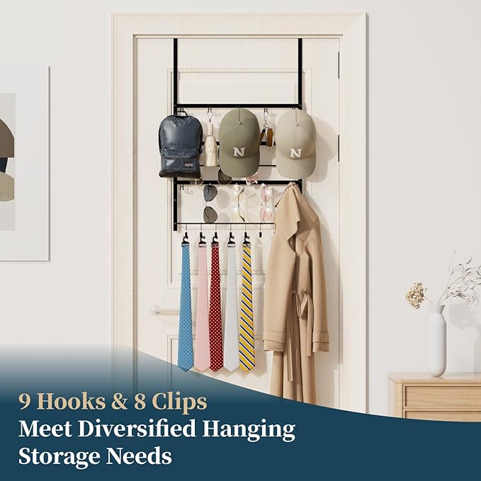 Consumest Over The Door Organizer - 4 Tier Door Hanger Hooks for Hanging Clothing, 24 Inches Long Coat Hanger for Bedroom, Bathroom, Laundry or Dorm Room, Black