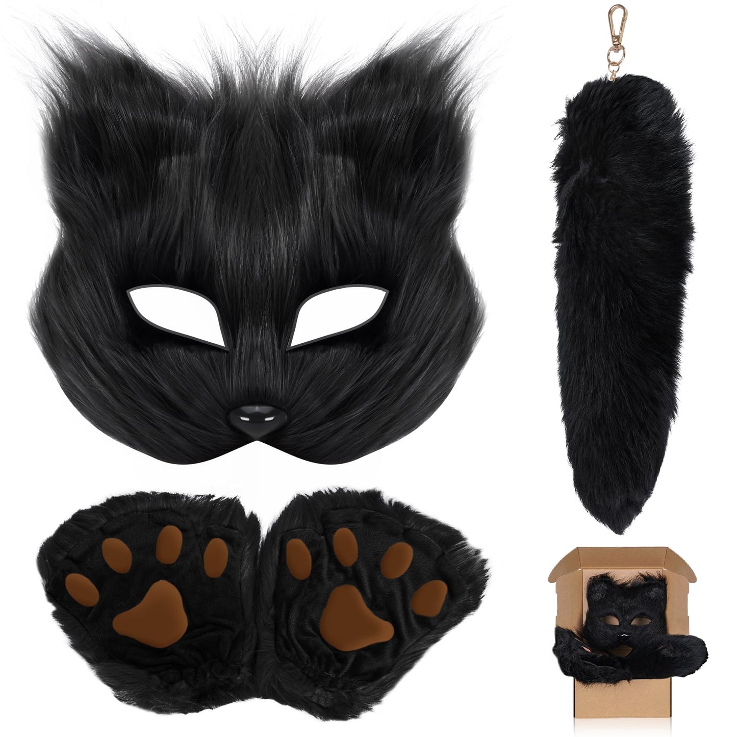 TherianMask Tail Set Furry Cat Fox Mask With Therian Paws Kit - Halloween Costume for Adults (Black)