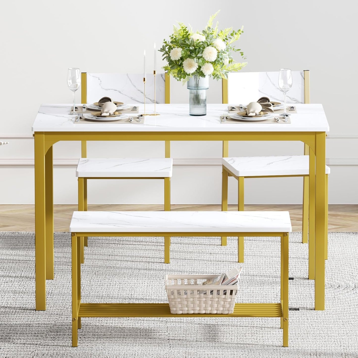 sogesfurniture Modern 4-Piece Kitchen Dining Table Set with 1 Bench and 2 Chairs, Kitchen Bench Table Set for 4, Wooden Kitchen Table and Chairs for Limited Space,Gold
