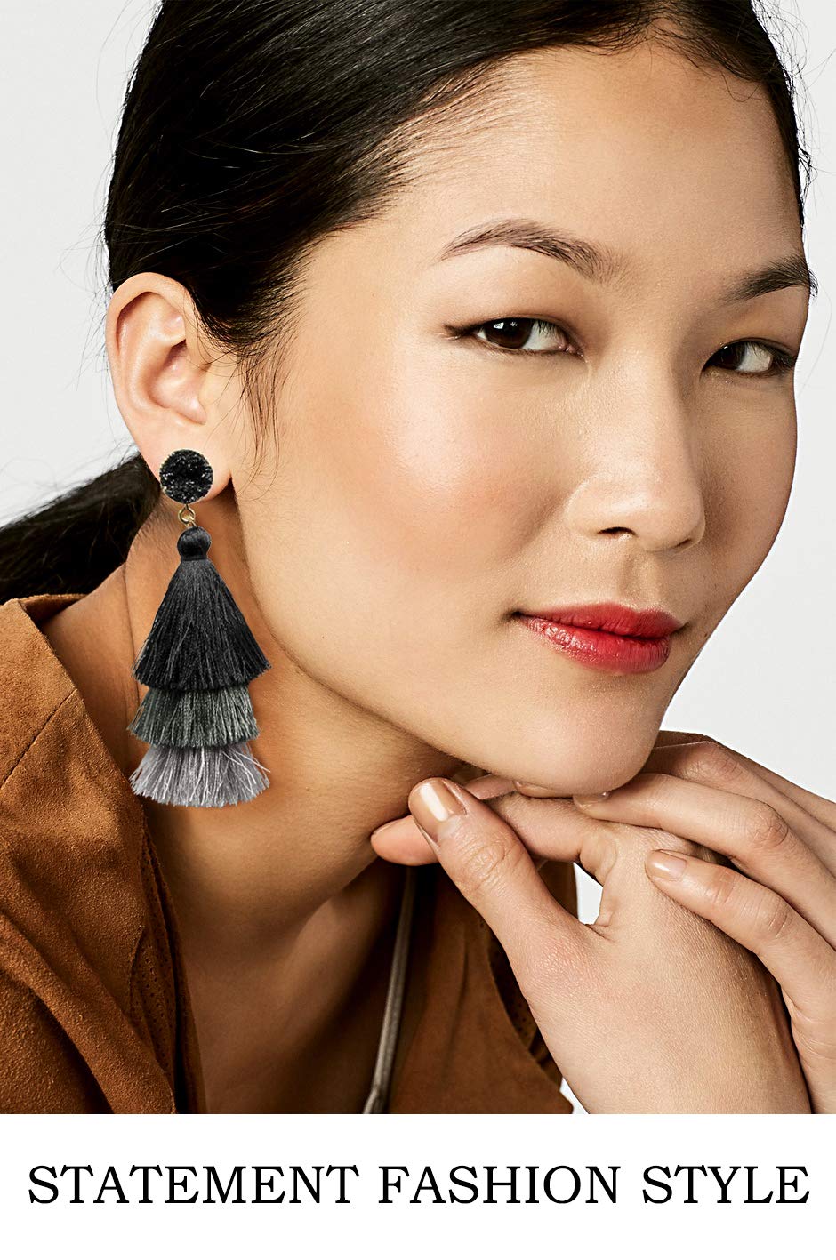 Black Grey Tiered Statement Tassel Earrings Studs Layered Fringe Black Tassel Dangle Drop Earrings for Women Boho Jewelry Birthd
