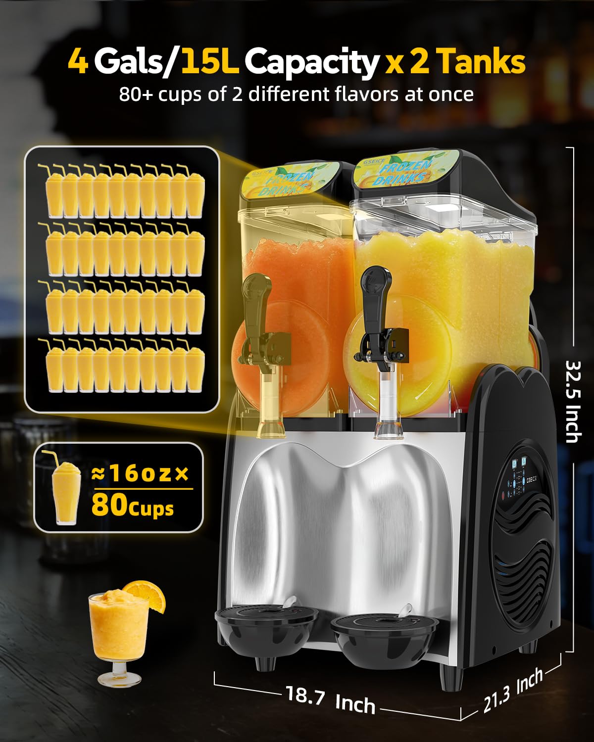 30L Commercial Slushie Machine, 2 Tank Margarita Machine, 80 Grande Cups Slushy Machine with Auto Clean, 8 Gal LED Frozen Drink Machine for Business, Mobile Bar, Party, Restaurant, 800W Fast Cooling