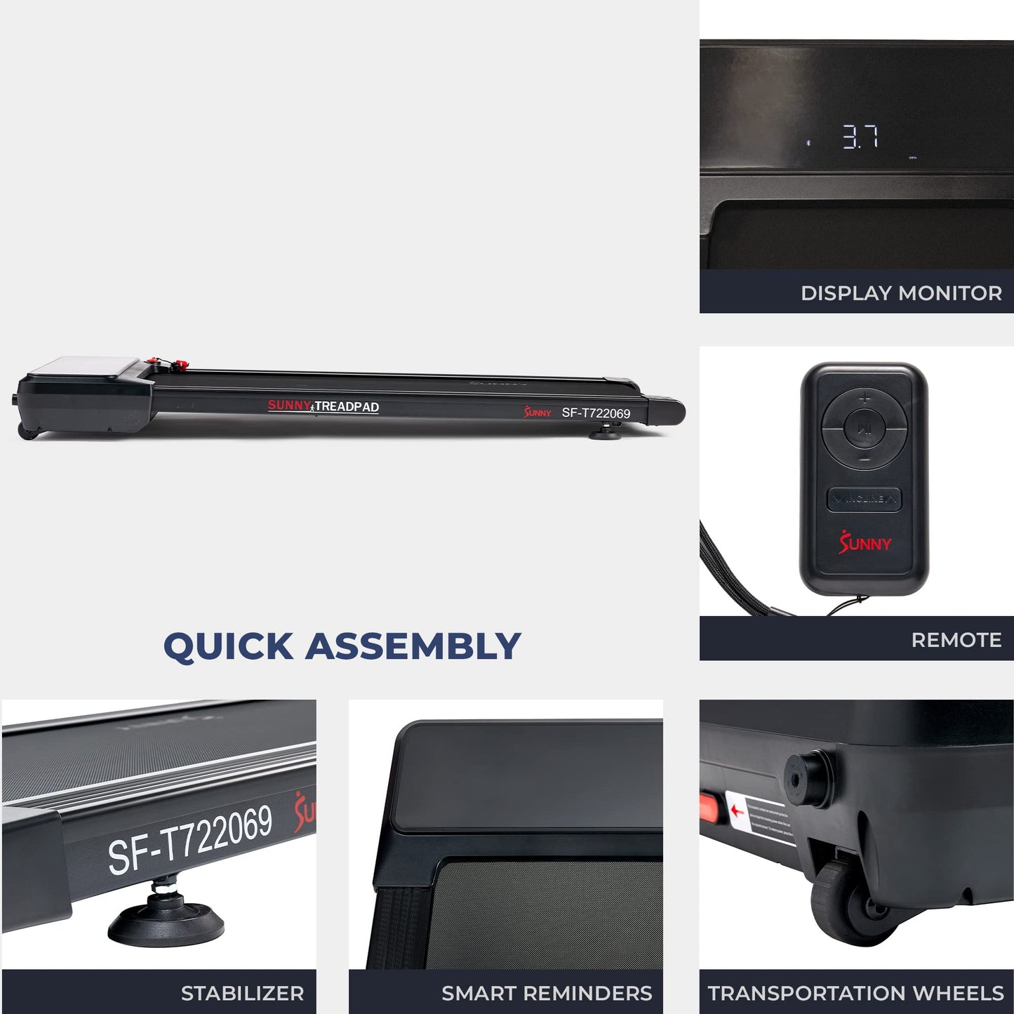 Sunny Health & Fitness Sleek Stride Compact Smart Treadmill with 6-Level Auto Incline & Exclusive SunnyFit® App Enhanced Bluetooth Connectivity - SF-T722069