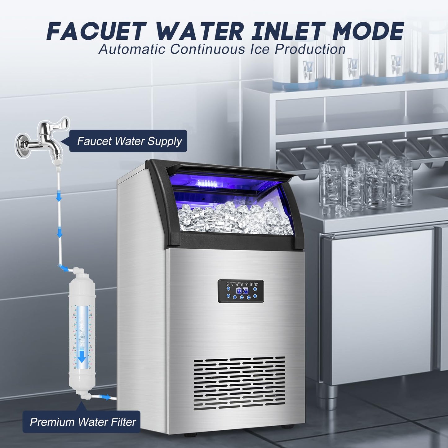 Commercial Ice Maker Machine 150LBS/24H, 45LBS Storage Bin, 55 Ice Cubes Ready in 8 Mins, Freestanding Ice Machine with Tap Water Inlet, Auto Cleaning, for Home Bar Office Restaurant