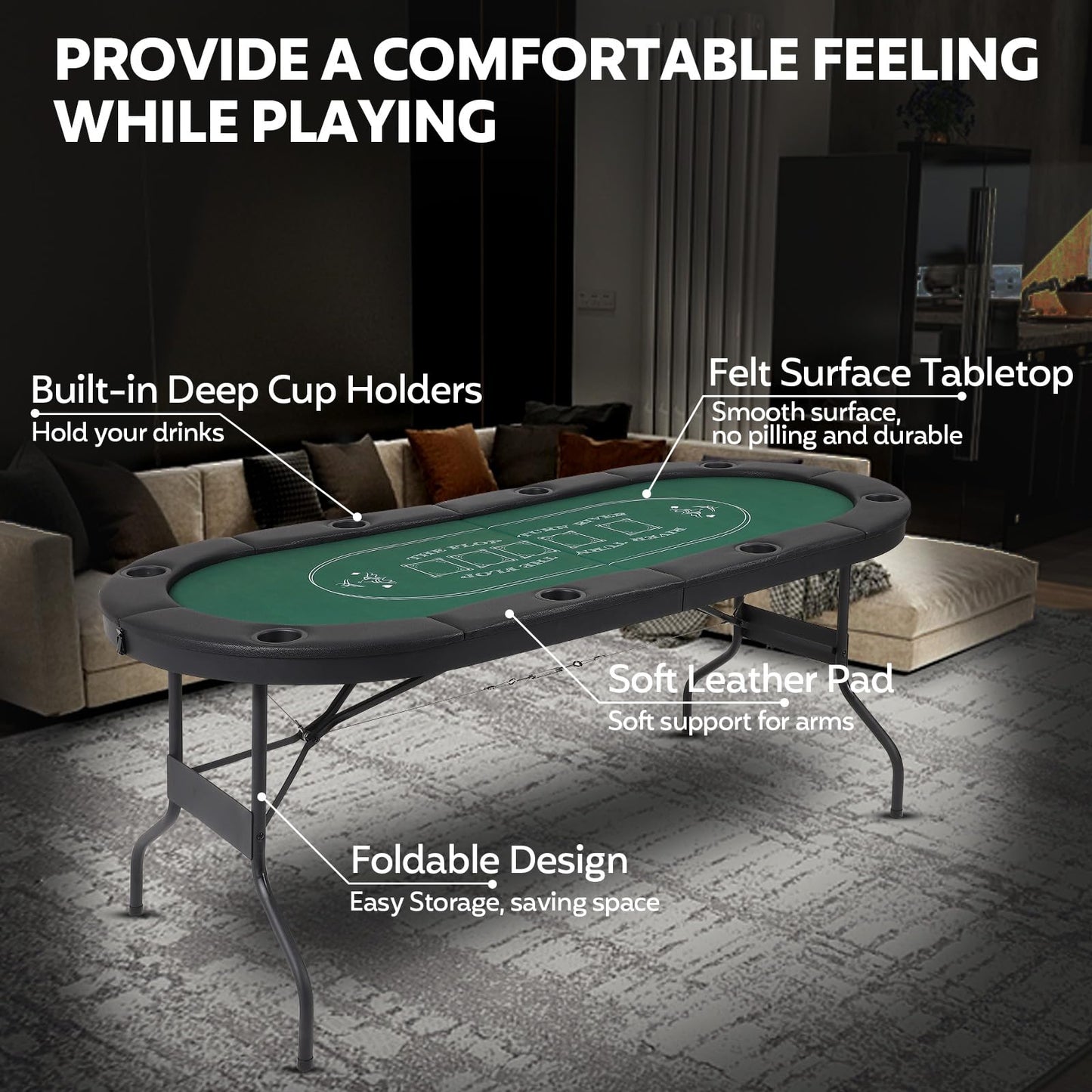 FAHKNS 72" Portable Poker Table, Folding Poker Table, 8 Player Texas Holdem Blackjack Table with 8 Cup Holders, Padded Surface for Casinos & Home