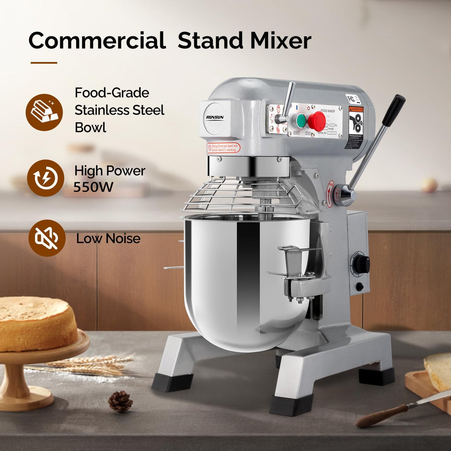 ROVSUN Commercial Food Mixer, 15QT 550W Electric Commercial Dough Mixer with 3-Speeds Adjustable, Stainless Steel Bowl Stand Mixer With Safety Guard for Bakery Pizzeria Restaurants