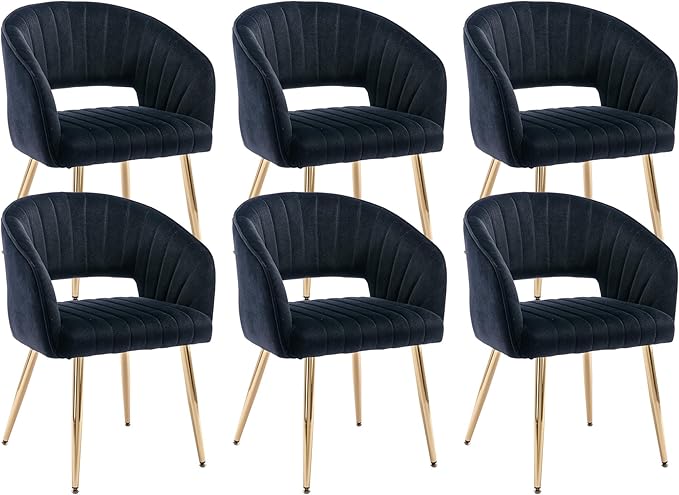 KCC Modern Accent Dining Chairs Set of 6, Upholstered Velvet Dining Room Chairs with Hollow Back, Tufted Kitchen Chairs Side Chairs with Gold Metal Legs for Living Room Restaurant, Black