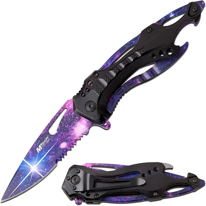 MTECH USA Folding Knife, 3.75-Inch Half-Serrated Blade, Titanium Coating, Glass Breaker, Pocket Clip